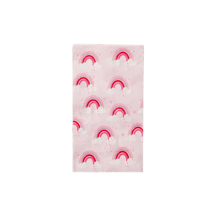 Pink rainbows guest towel with clouds and heart design for birthday or rainbow theme from Parte Haus party supply store in Bethesda Maryland