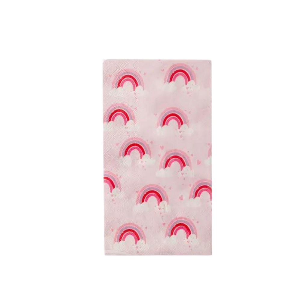 Pink rainbows guest towel with clouds and hearts for birthday from Parte Haus party supply store in Bethesda Maryland