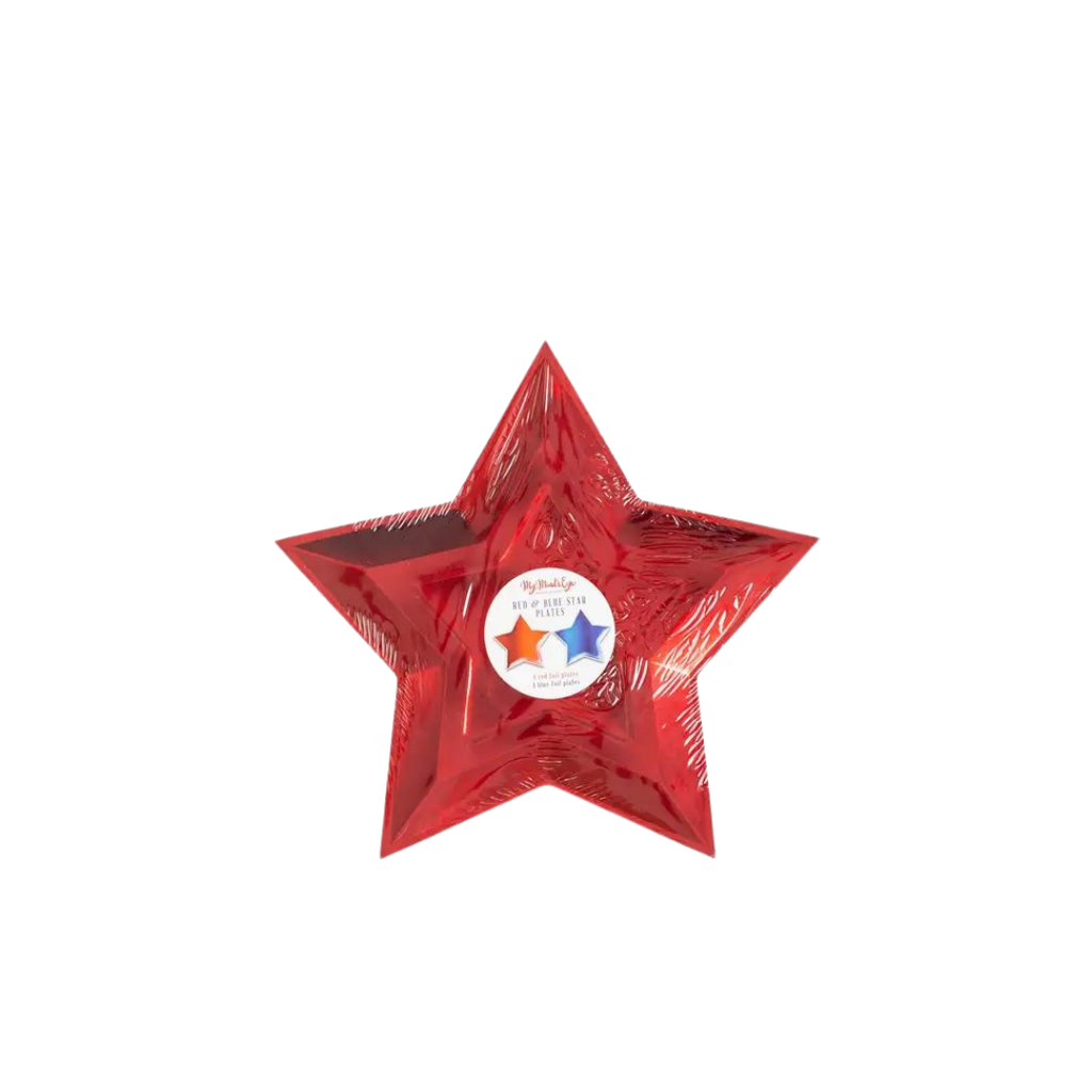Blue and red foil star shaped paper plate with glossy finish for Fourth of July from Parte Haus party supply store in Bethesda Maryland