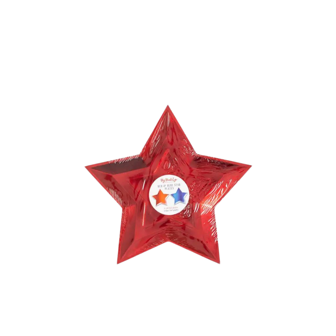 Blue and red foil star shaped paper plate with glossy finish for Fourth of July from Parte Haus party supply store in Bethesda Maryland
