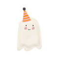 White ghost-shaped paper plate with a party hat Halloween from Parte Haus party supply store in Bethesda MD.