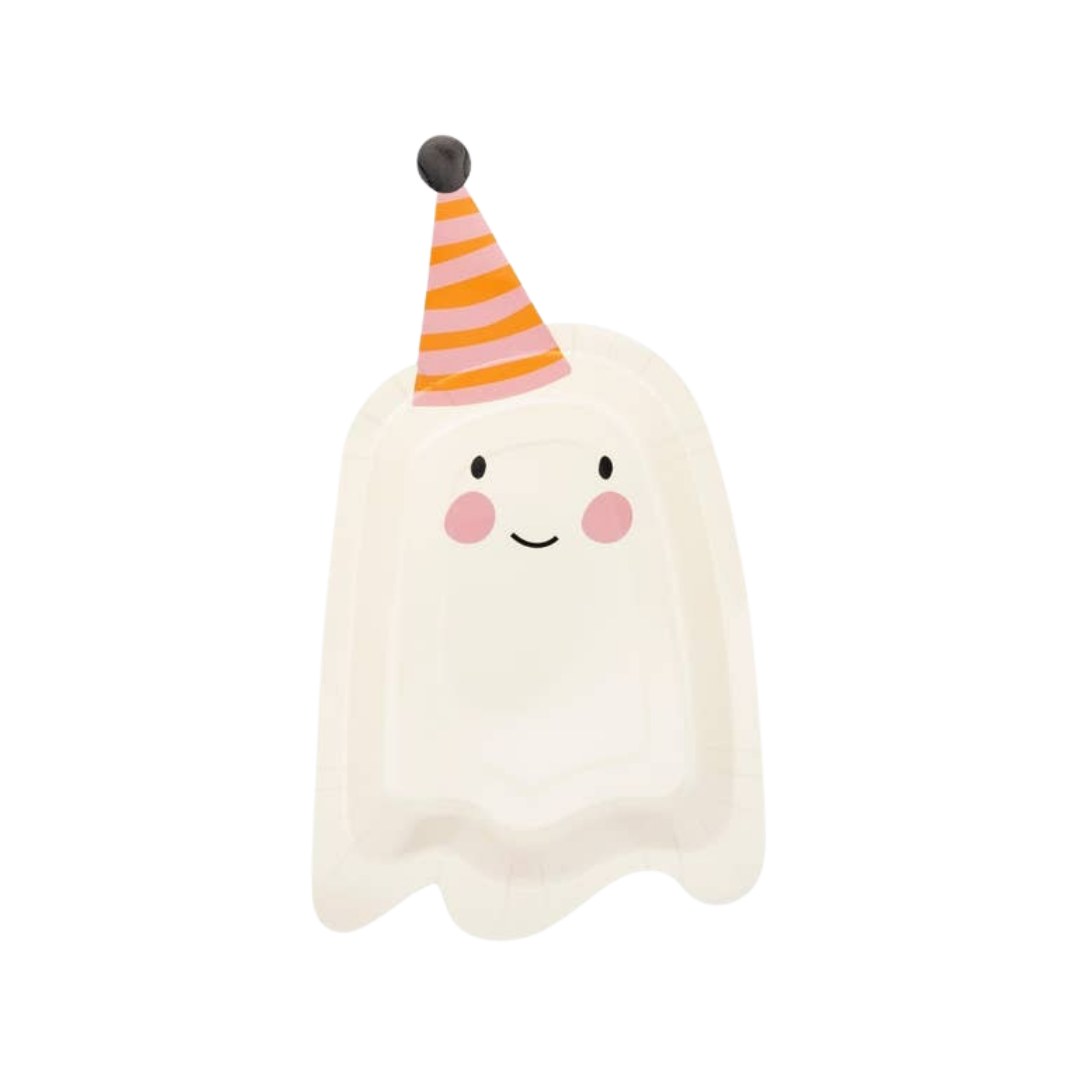 White ghost-shaped paper plate with a party hat Halloween from Parte Haus party supply store in Bethesda MD.