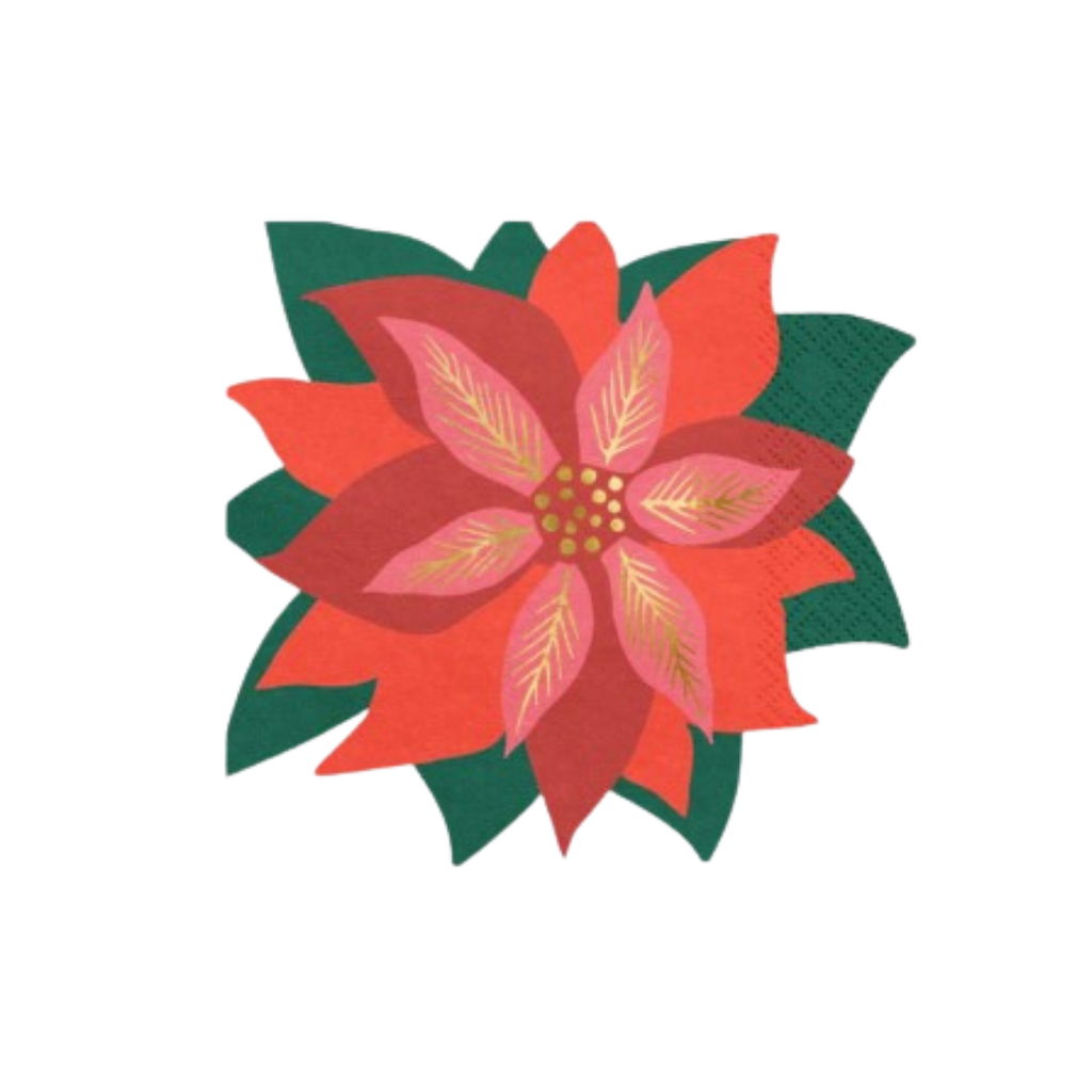 Red and green poinsettia napkin with layered petals for Christmas from Parte Haus party supply store in Bethesda MD.