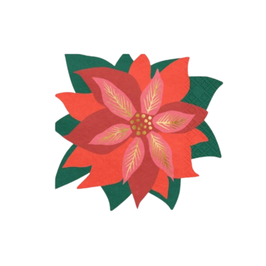 Red and green poinsettia napkin with layered petals for Christmas from Parte Haus party supply store in Bethesda MD.