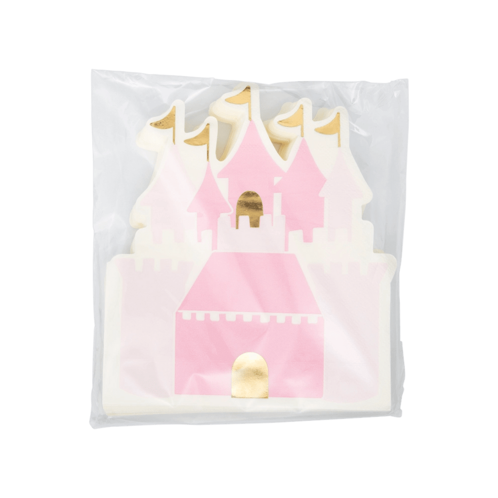 Pink castle shaped napkin with gold accents princess theme from Parte Haus party supply store in Bethesda MD