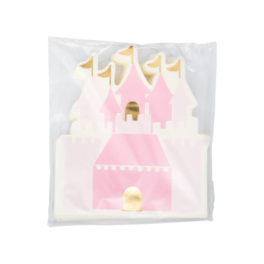 Pink castle shaped napkin with gold accents princess theme from Parte Haus party supply store in Bethesda MD