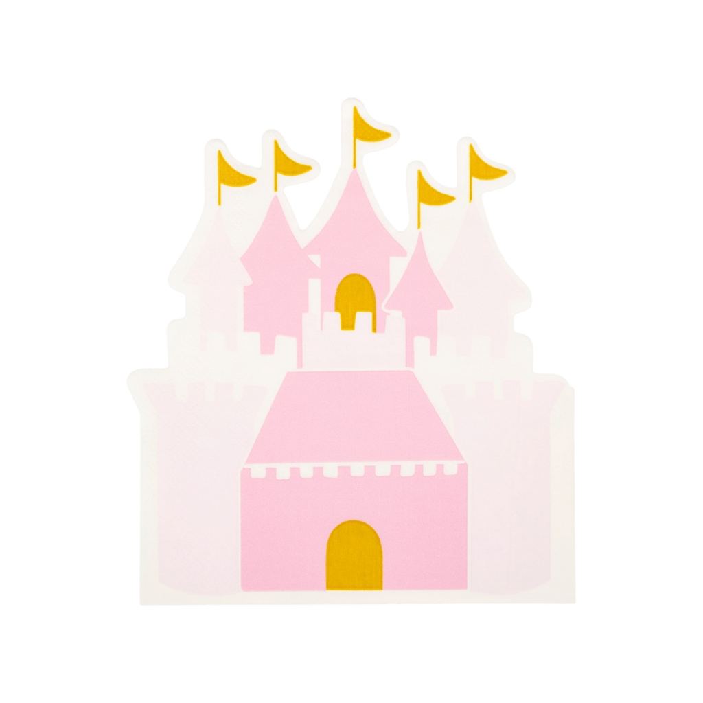 Pink castle shaped paper plate with yellow flags princess birthday theme from Parte Haus party supply store in Bethesda MD