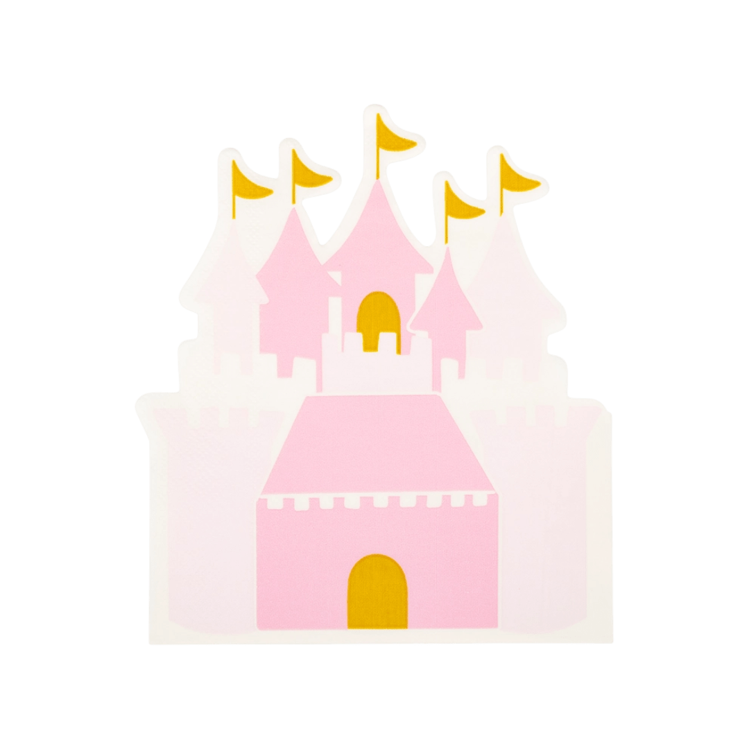 Pink castle shaped paper plate with yellow flags princess birthday theme from Parte Haus party supply store in Bethesda MD