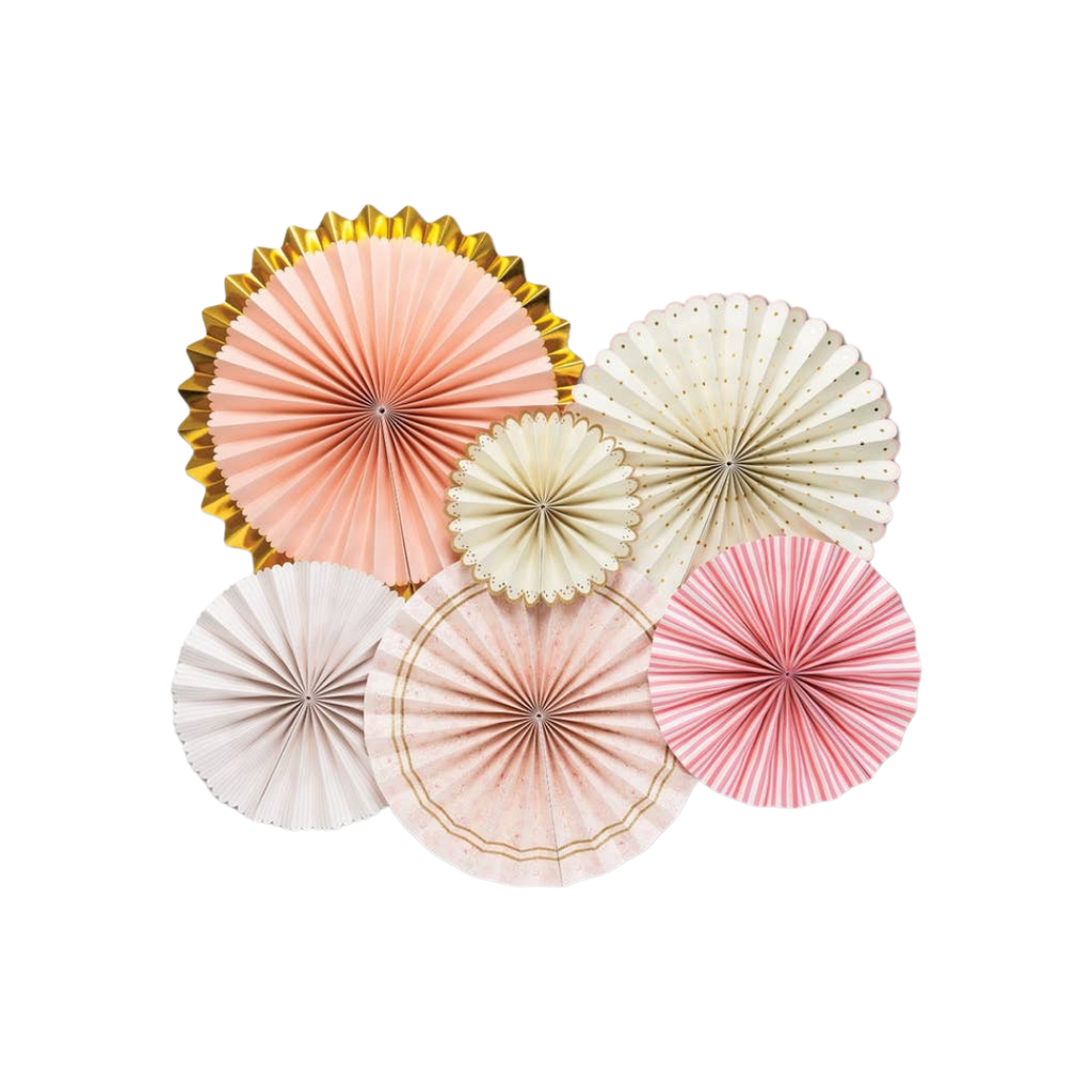 Pink and gold paper fans with scalloped edges princess birthday from Parte Haus party supply store in Bethesda MD