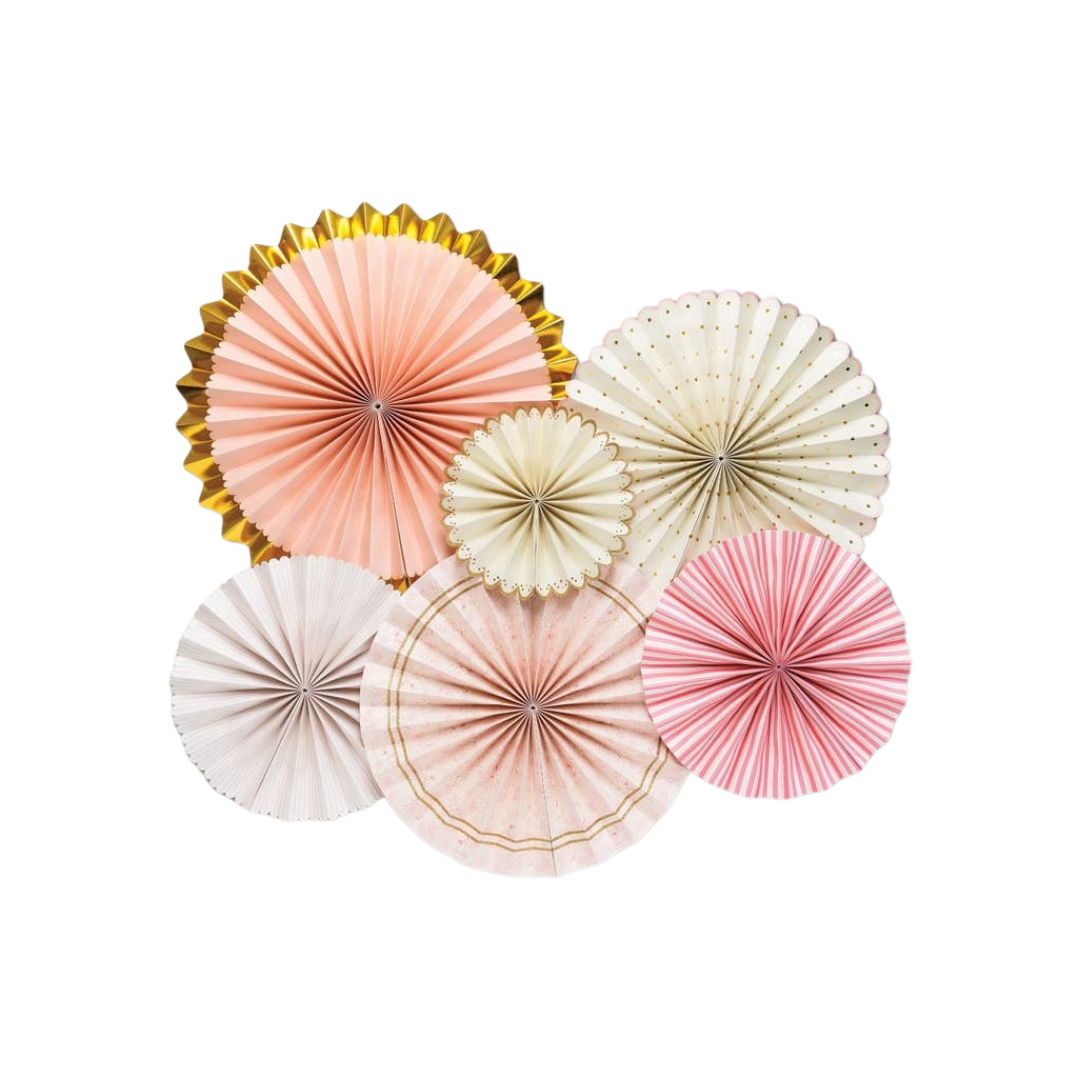 Pink and gold paper fans with scalloped edges princess birthday from Parte Haus party supply store in Bethesda MD
