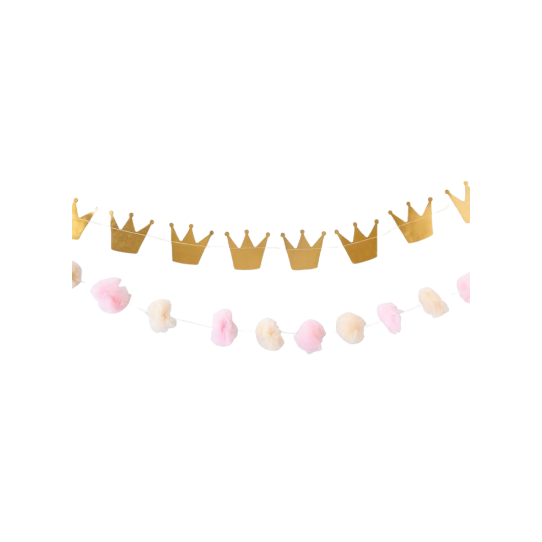 Gold princess crown and pink pom pom tulle banner for birthday from Parte Haus party supply store in Bethesda Maryland