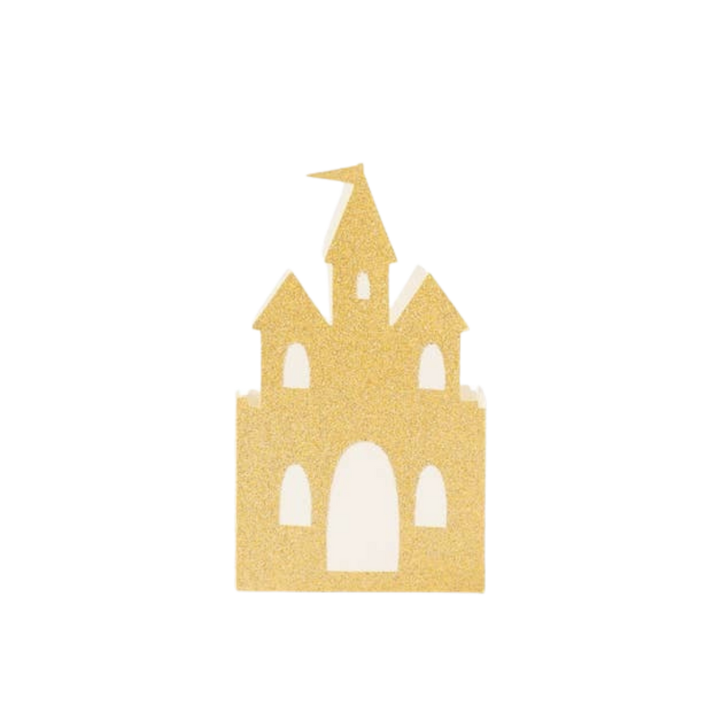 Gold princess castle favor box with glittery finish for princess birthday party from Parte Haus party supply store in Bethesda MD.