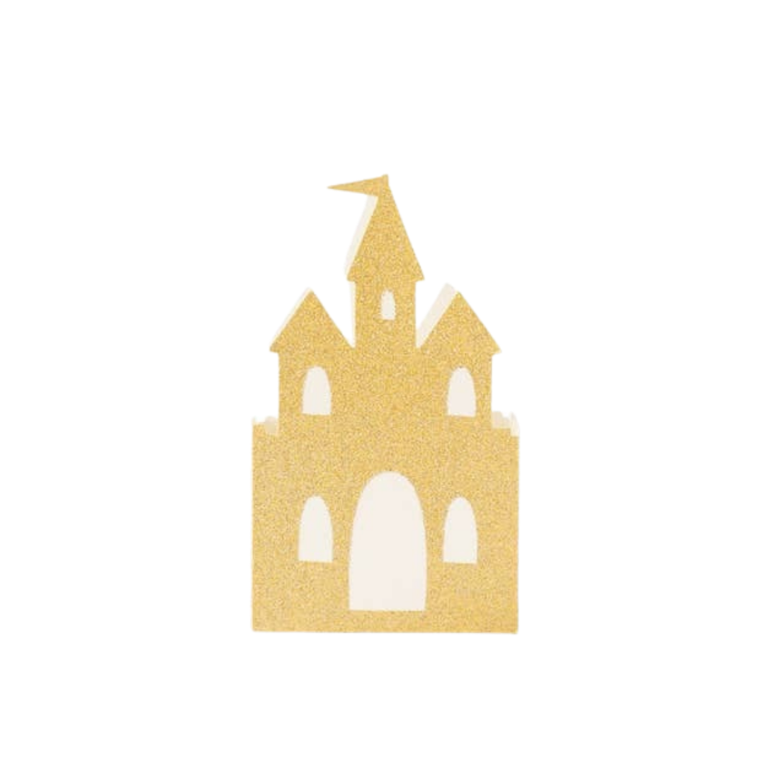 Gold princess castle favor box with glittery finish for princess birthday party from Parte Haus party supply store in Bethesda MD.