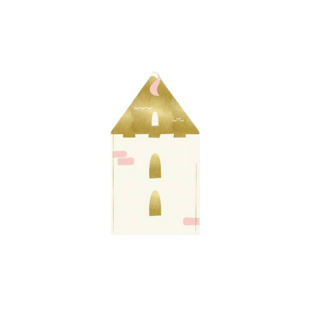 Gold and pink castle shaped guest napkin princess theme from Parte Haus party supply store in Bethesda MD