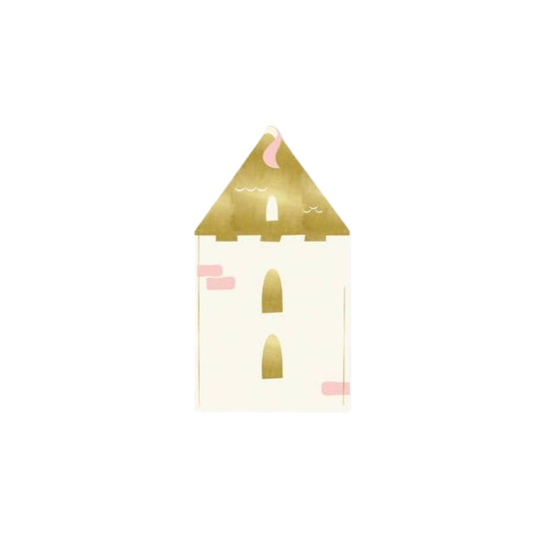 Gold and pink castle shaped guest napkin princess theme from Parte Haus party supply store in Bethesda MD