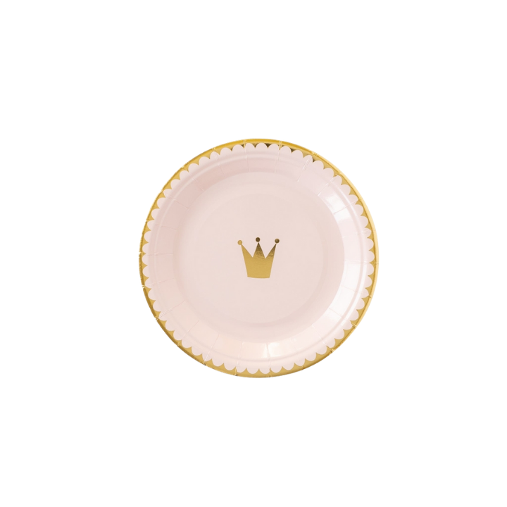 Pink and gold crown plate with scalloped edge princess birthday from Parte Haus party supply store in Bethesda MD