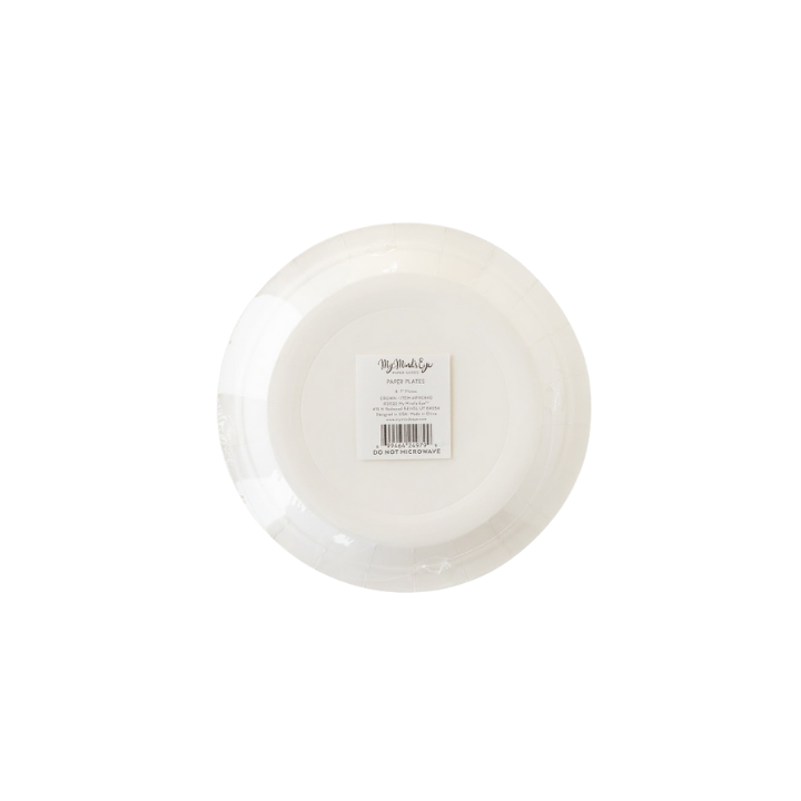 White round paper plates in clear packaging for birthday from Parte Haus party supply store in Bethesda MD