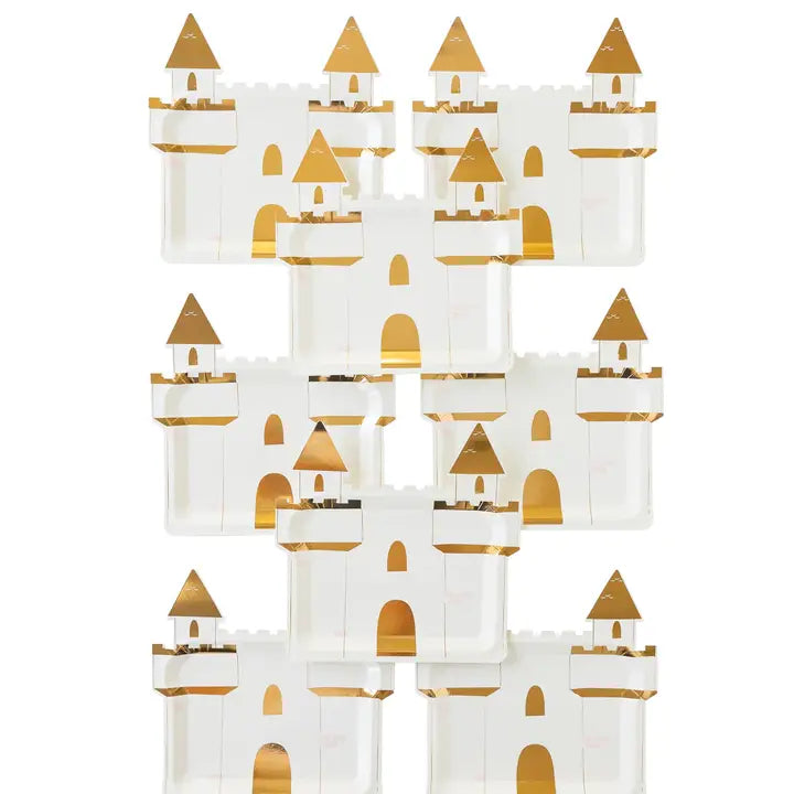White and gold princess castle shaped plates kids birthday theme from Parte Haus party supply store in Bethesda MD