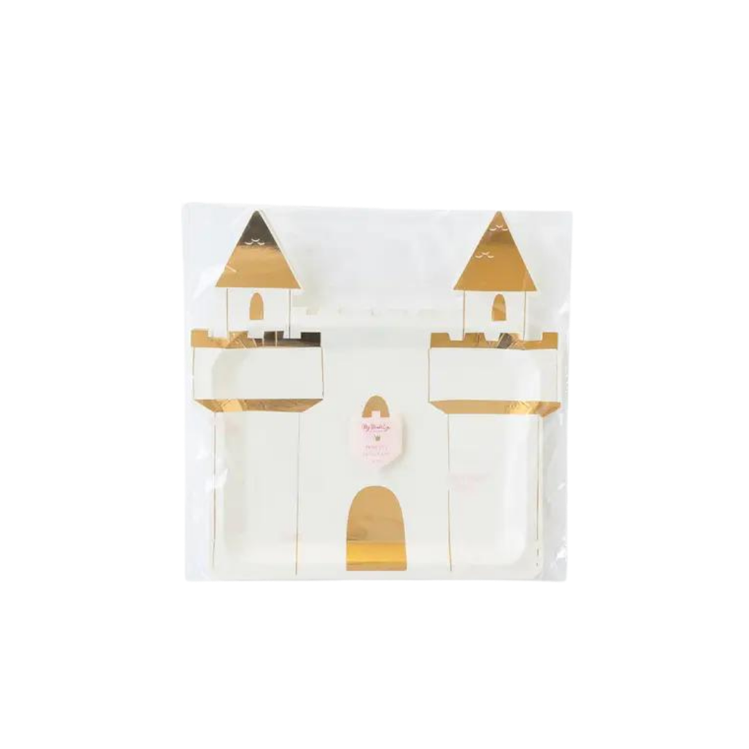 White and gold princess castle shaped plate princess theme from Parte Haus party supply store in Bethesda Maryland