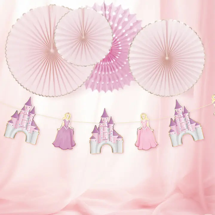 Pink princess castle garland birthday banner for girls from Parte Haus party supply store in Bethesda Maryland
