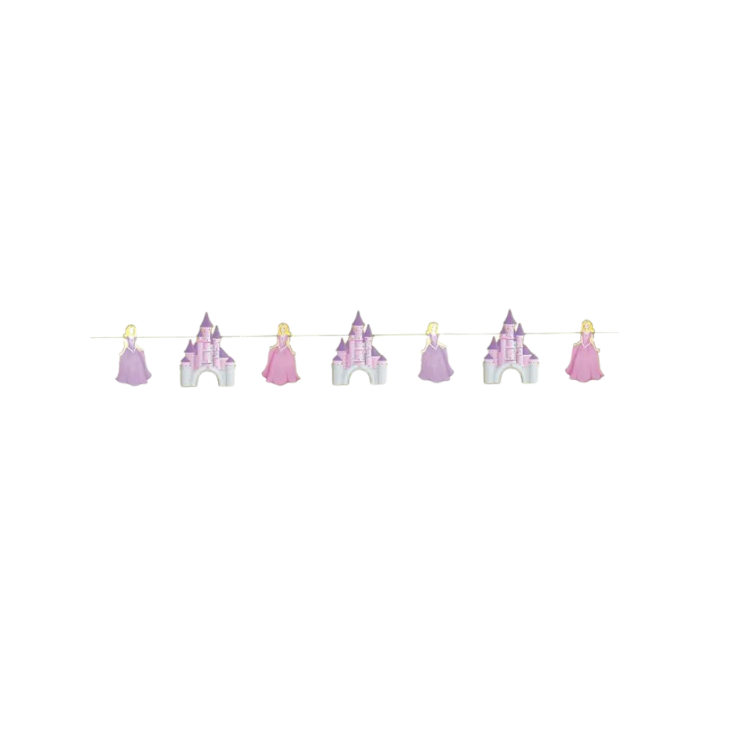 Pink and purple princess garland with castles and princesses birthday decoration from Parte Haus party supply store in Bethesda MD