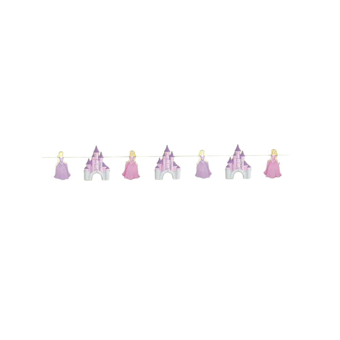 Pink and purple princess garland with castles and princesses birthday decoration from Parte Haus party supply store in Bethesda MD