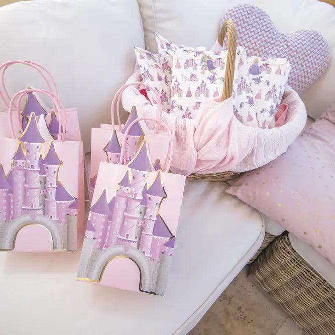 Pink princess castle gift bags with pastel details for a princess birthday from Parte Haus party supply store in Bethesda MD.