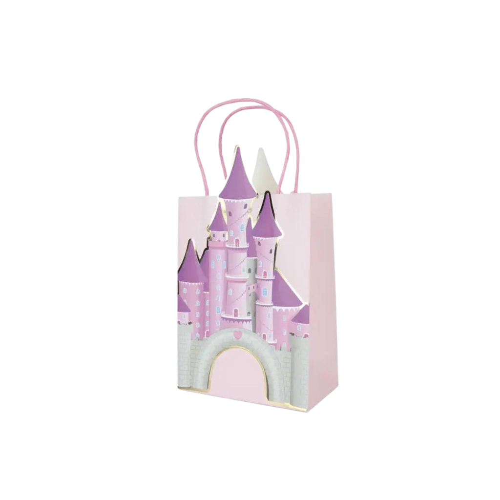 Pink princess castle paper bag with cutout handle princess birthday from Parte Haus party supply store in Bethesda MD.