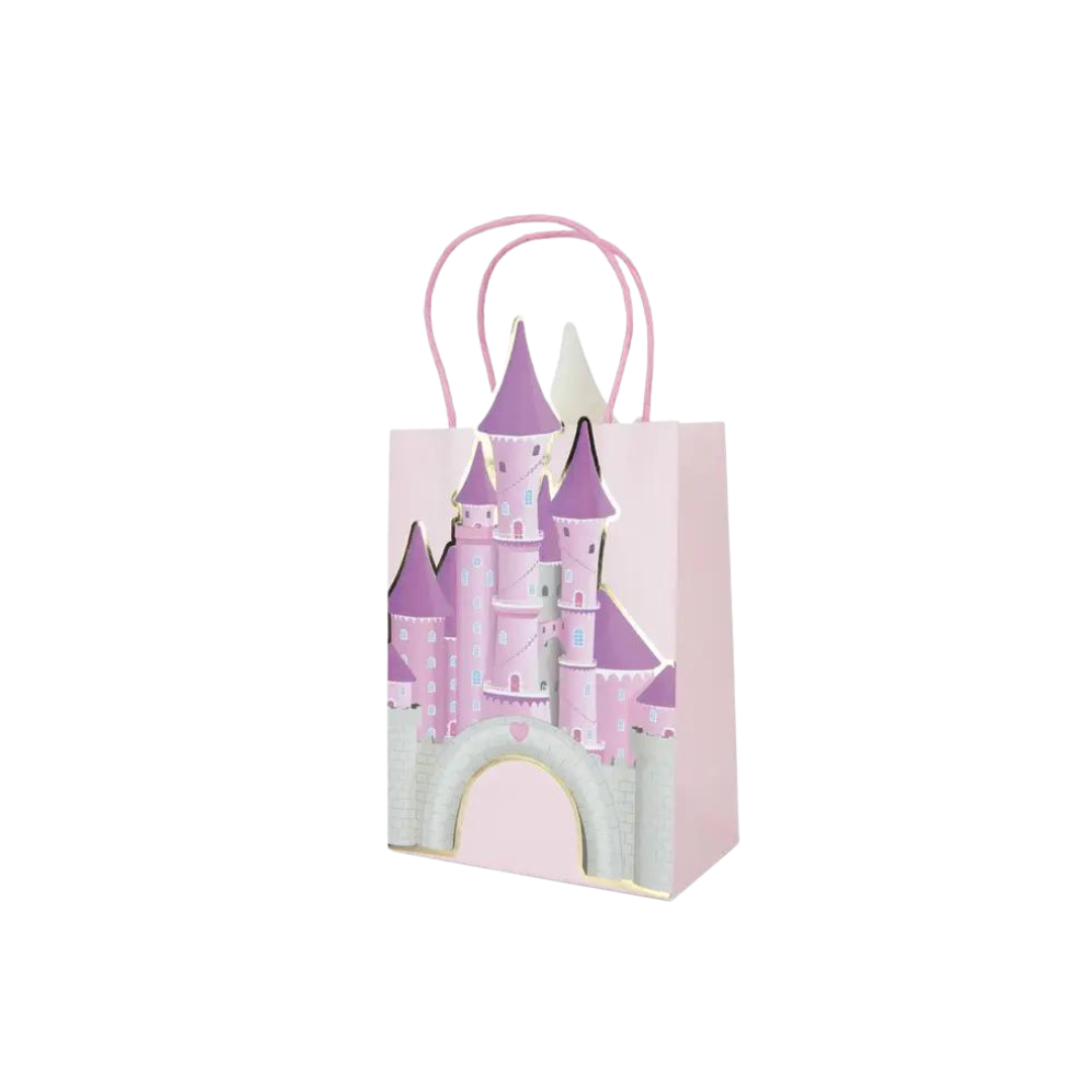 Pink princess castle paper bag with cutout handle princess birthday from Parte Haus party supply store in Bethesda MD.
