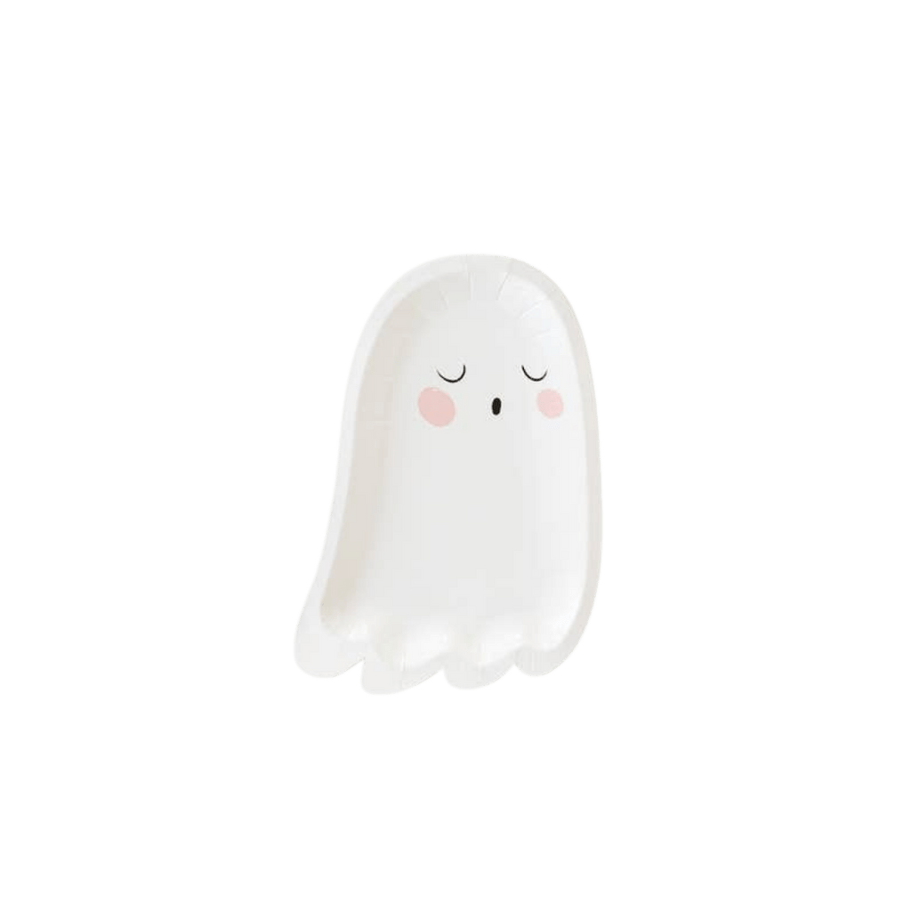 White ghost shaped paper plate with cute face for Halloween from Parte Haus party supply store in Bethesda MD