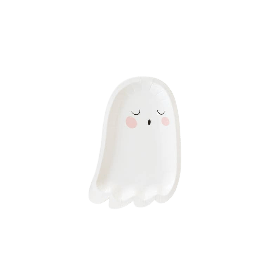 White ghost shaped paper plate with cute face for Halloween from Parte Haus party supply store in Bethesda MD