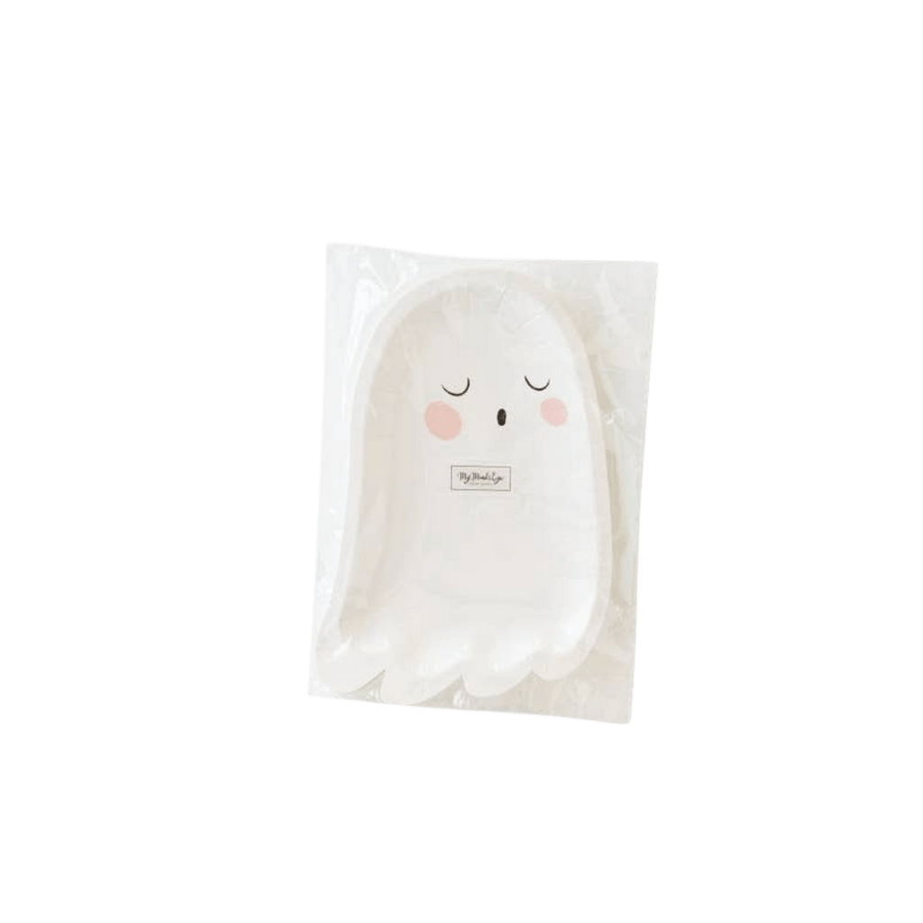 White ghost paper plate with cute face Halloween theme from Parte Haus party supply store in Bethesda MD
