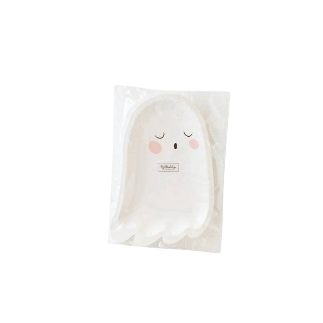 White ghost paper plate with cute face Halloween theme from Parte Haus party supply store in Bethesda MD