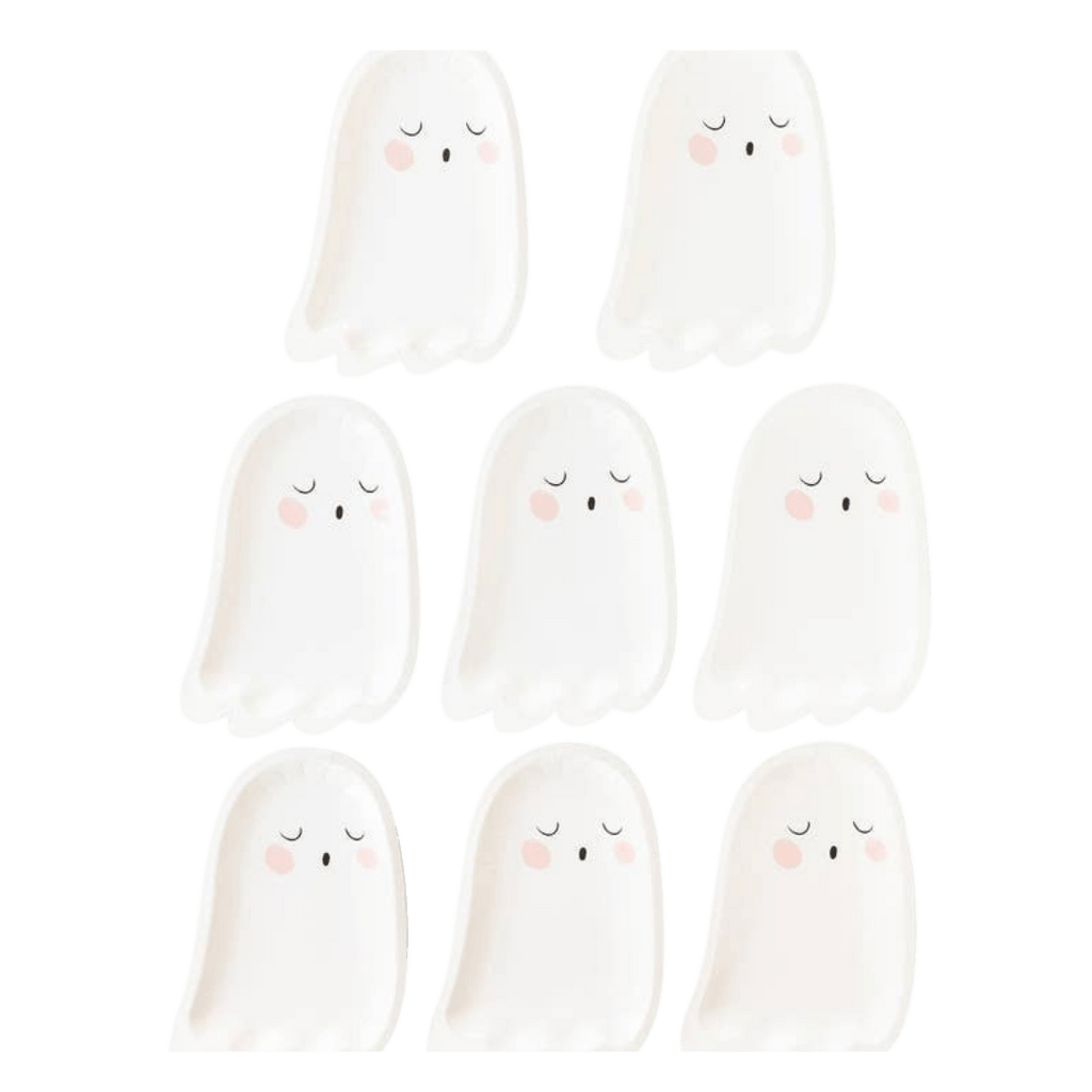 White ghost shaped paper plates with cute faces Halloween theme from Parte Haus party supply store in Bethesda MD.
