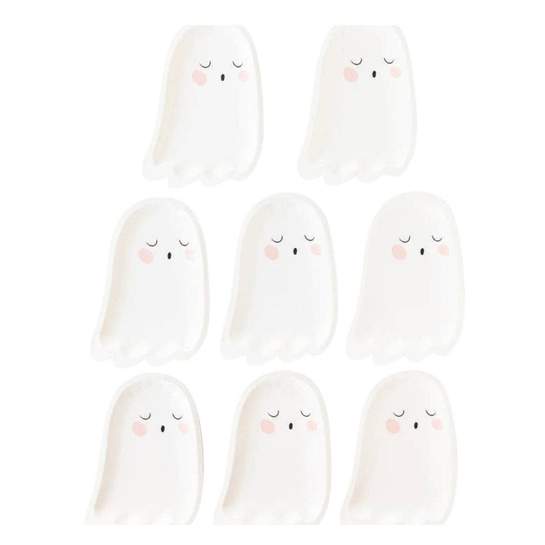 White ghost shaped paper plates with cute faces Halloween theme from Parte Haus party supply store in Bethesda MD.