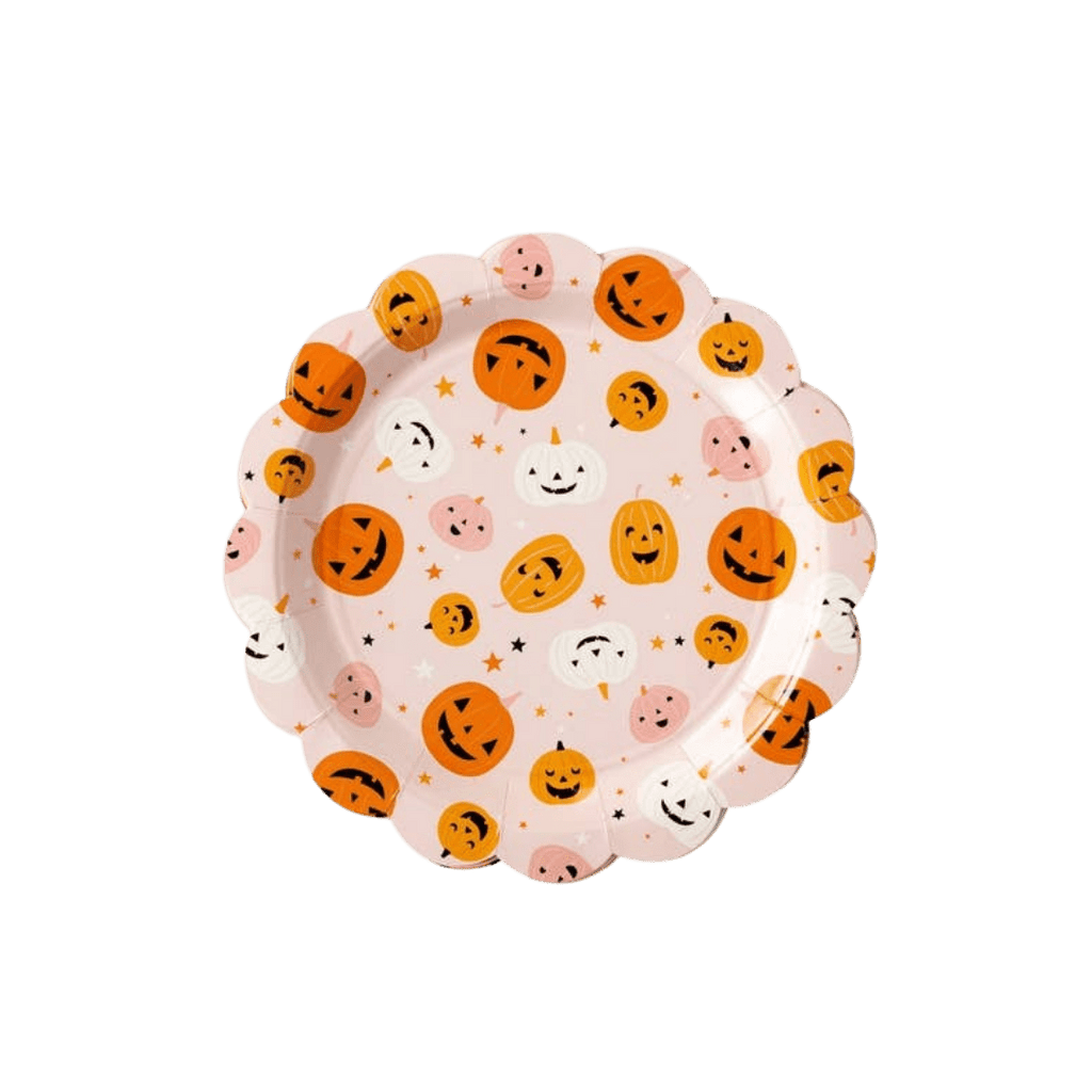 Orange white and pink Halloween pumpkin paper plate with scalloped edge from Parte Haus party supply store in Bethesda MD