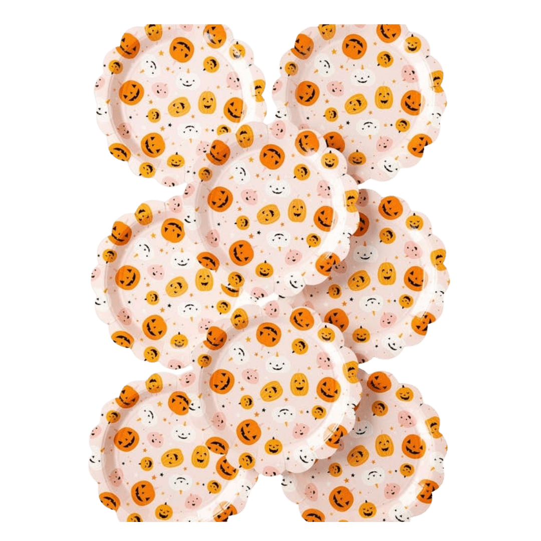 Orange pink Halloween scalloped edge plates with pumpkin faces from Parte Haus party supply store in Bethesda Maryland