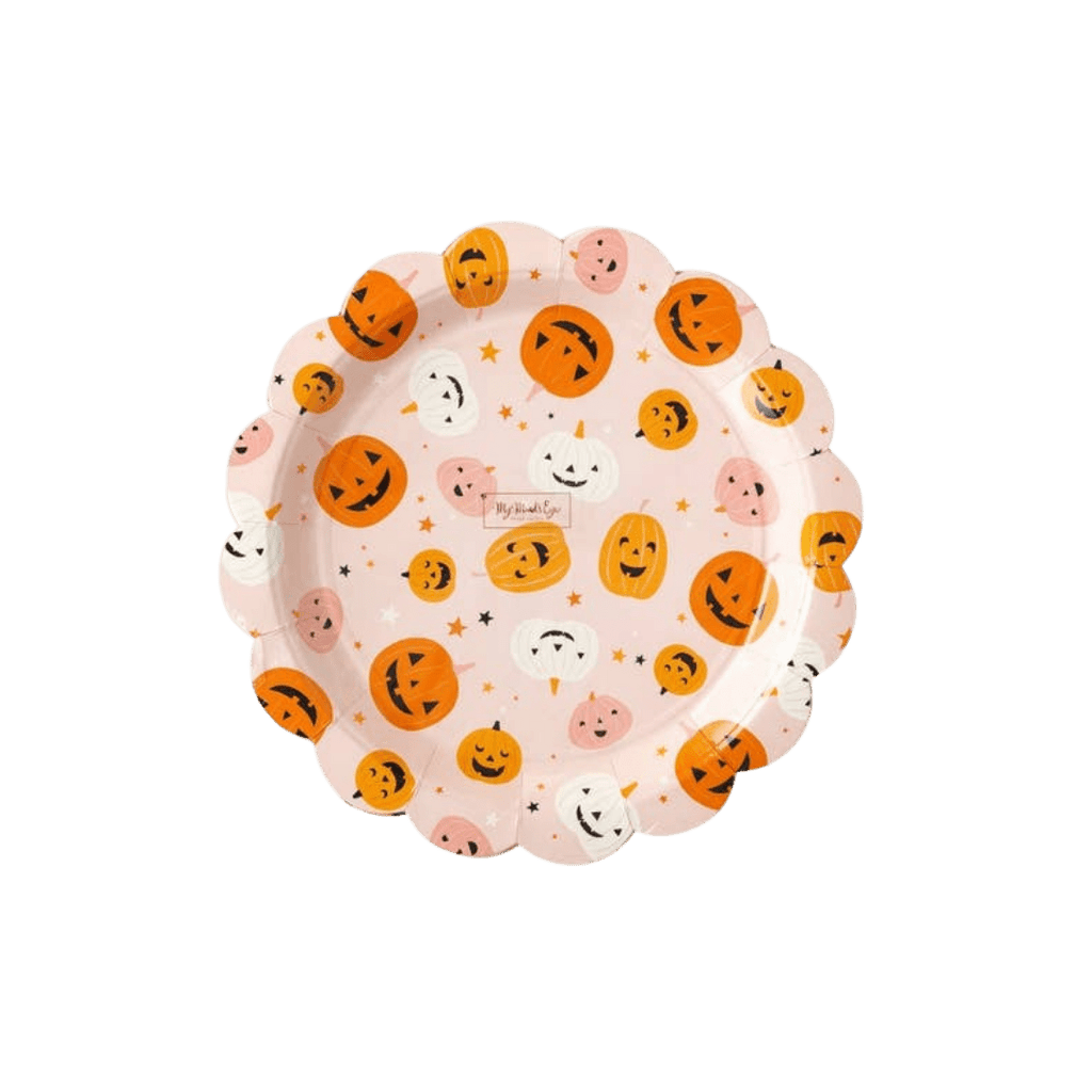 Pink Halloween plate with orange white and pink pumpkins Halloween theme from Parte Haus party supply store in Bethesda Maryland