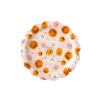 Pink Halloween plate with orange white and pink pumpkins Halloween theme from Parte Haus party supply store in Bethesda Maryland