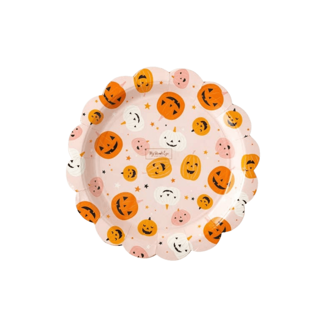 Pink Halloween plate with orange white and pink pumpkins Halloween theme from Parte Haus party supply store in Bethesda Maryland
