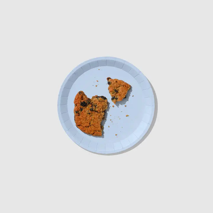 Pale blue large paper plate with broken cookie dessert for birthday from Parte Haus party supply store in Bethesda MD