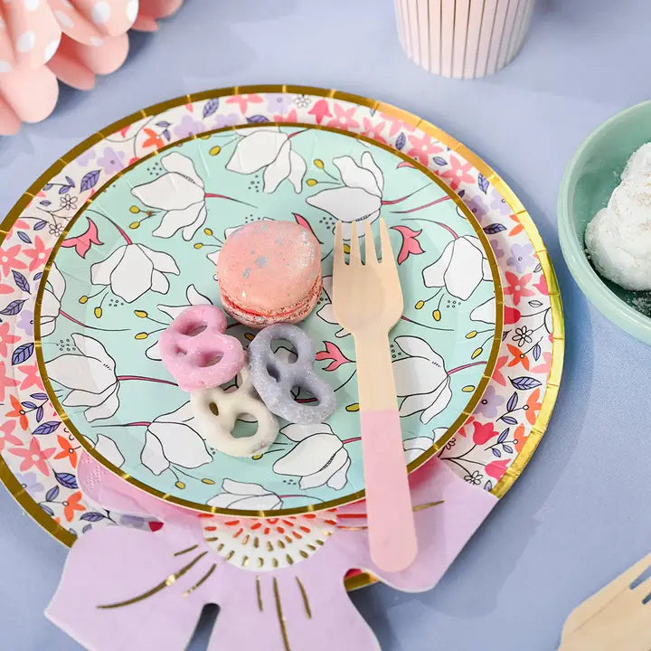 Pale pink wooden cutlery set with floral plate for birthday from Parte Haus party supply store in Bethesda Maryland