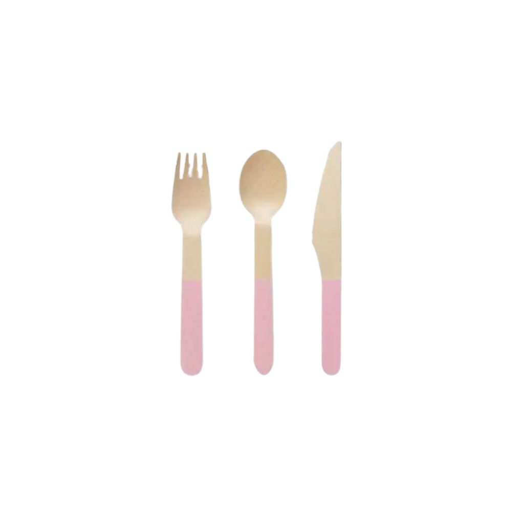 Pale pink wooden cutlery set with fork spoon and knife for baby shower from Parte Haus party supply store in Bethesda Maryland