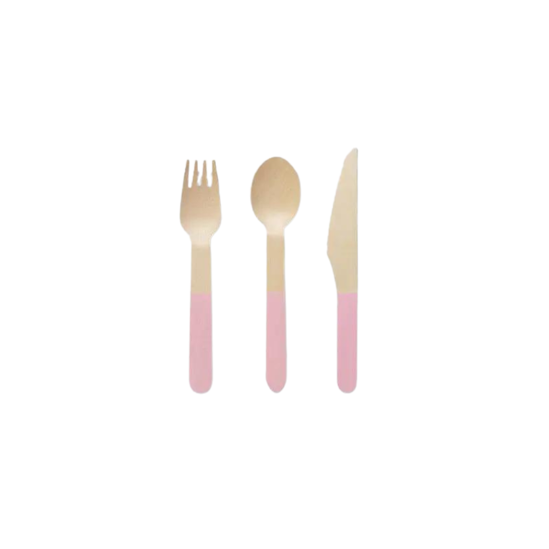 Pale pink wooden cutlery set with fork spoon and knife for baby shower from Parte Haus party supply store in Bethesda Maryland