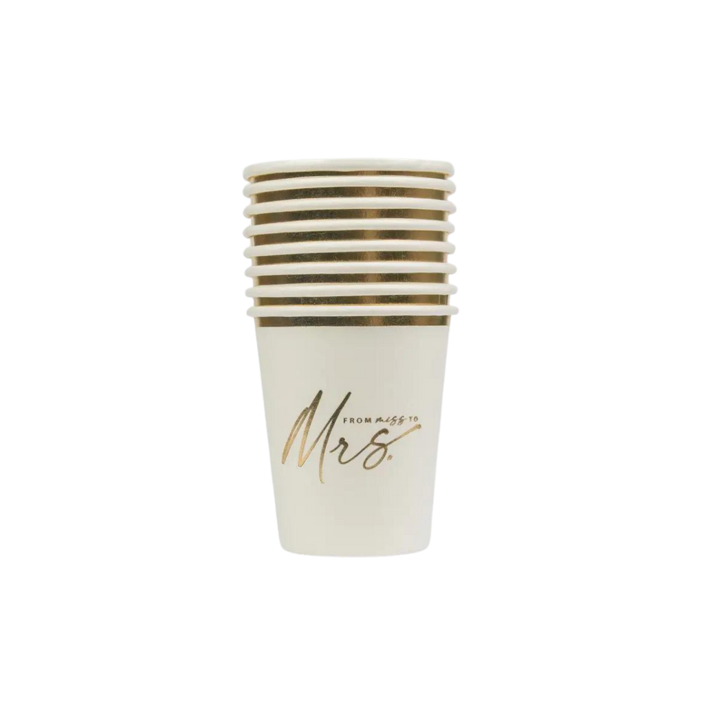 White and gold paper cups with Miss to Mrs script bridal shower theme from Parte Haus party supply store in Bethesda MD