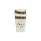 White and gold paper cups with Miss to Mrs script bridal shower theme from Parte Haus party supply store in Bethesda MD