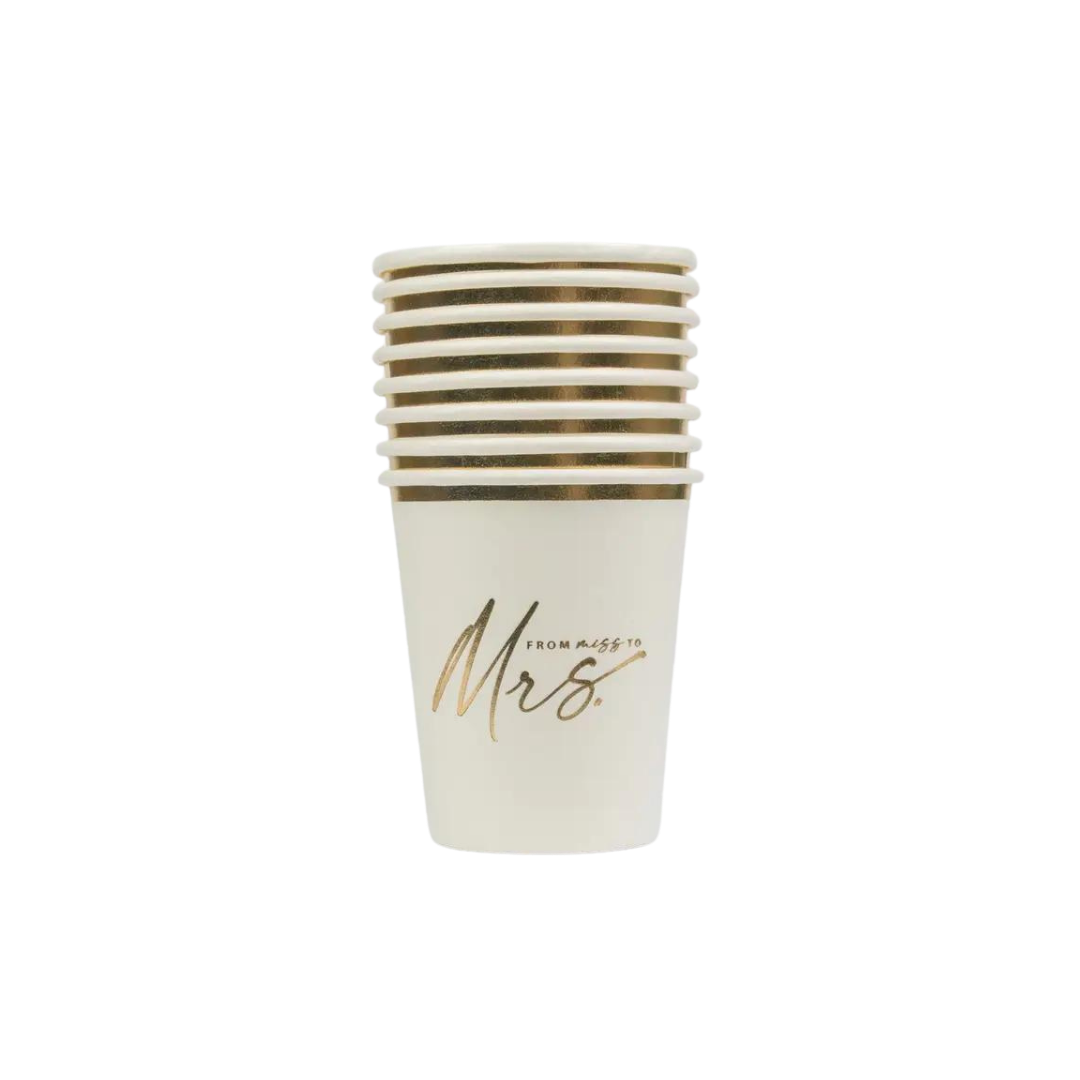 White and gold paper cups with Miss to Mrs script bridal shower theme from Parte Haus party supply store in Bethesda MD