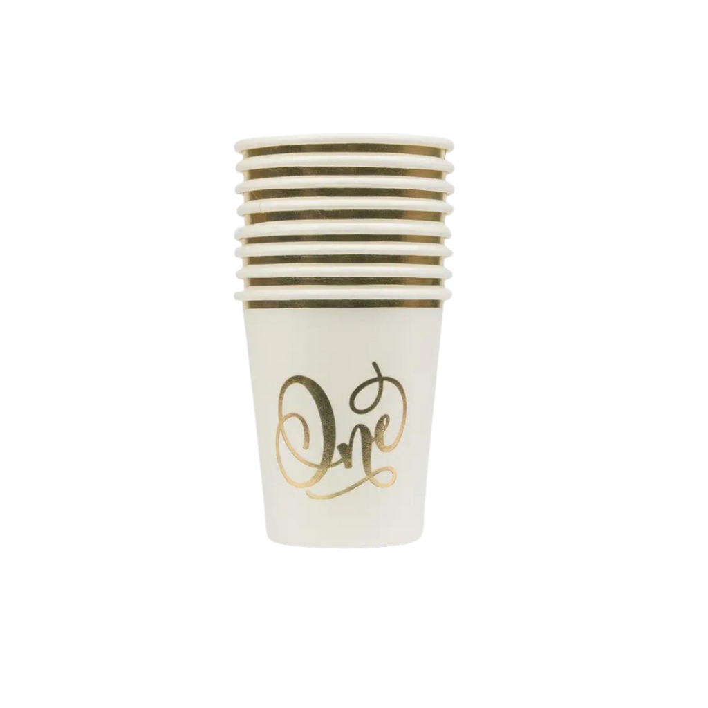 white first birthday paper cups with gold one lettering from Parte Haus party supply store in Bethesda Maryland