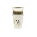 white first birthday paper cups with gold one lettering from Parte Haus party supply store in Bethesda Maryland