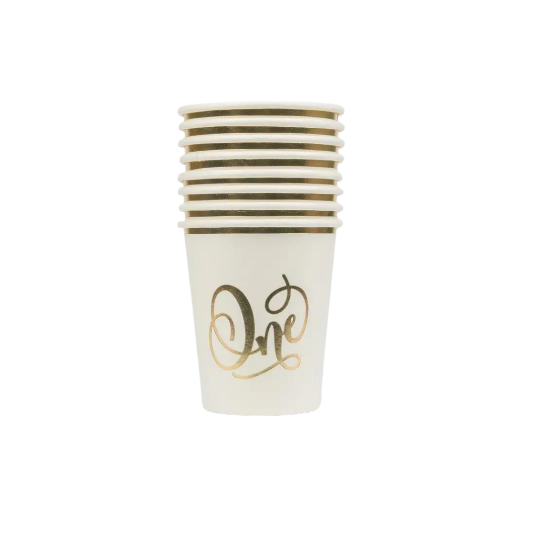 white first birthday paper cups with gold one lettering from Parte Haus party supply store in Bethesda Maryland